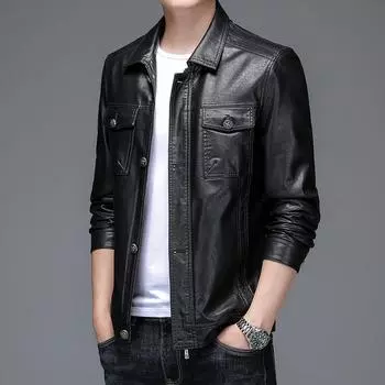 Осенняя новая куртка из натуральной кожи, мужская тонкая кожаная куртка с короткими лацканами, куртка из натуральной кожи для молодых мужчин M