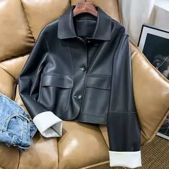 Осенняя новая куртка из натуральной кожи, женская куртка с коротким рукавом из овчины, повседневная модная тонкая куртка из высококачественной кожи S