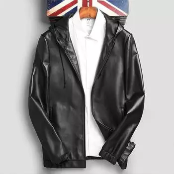 Осенняя новая куртка из натуральной кожи, мужская мотоциклетная кожаная куртка, черная тонкая молодежная куртка с капюшоном, модная L