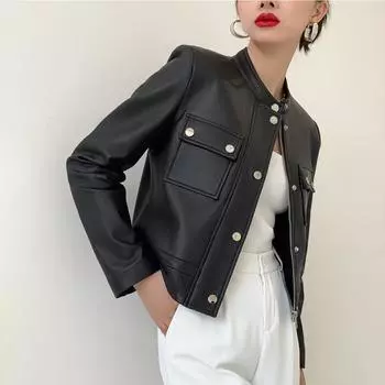 Осенняя новая куртка из натуральной кожи, женская, первый слой, овчина, короткая, воротник-стойка, кожаная куртка для мотоцикла, пальто, темперамент, универсальность M
