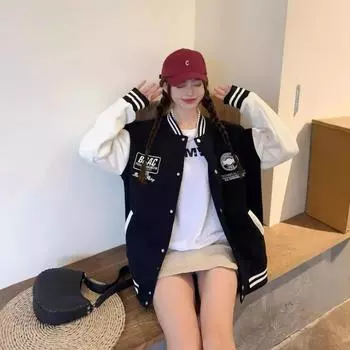 Осенняя новая куртка-толстовка в стиле колледжа для девочек, американская бейсбольная форма, свободная куртка в стиле соляного уличного шика one size fits all бежевый