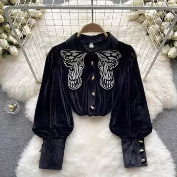 Осенняя новая легкая роскошная блузка в стиле ретро с вышивкой и бантом, бархатный дизайн, чувство темперамента, блузка с длинными рукавами