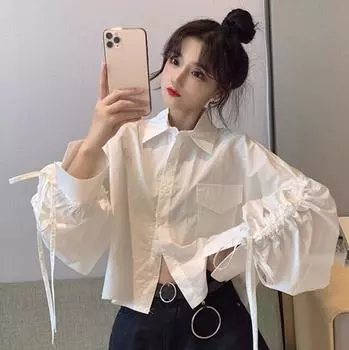 Осенняя новая мода французская милая свободная рубашка с длинными рукавами женская блузка Tide XS белый