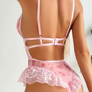 Осенняя новая мода кружево перспектива розовая девушка сексуальное искушение цельное нижнее белье S