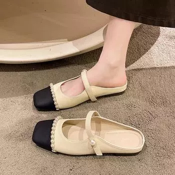 Осенняя новая мода квадратная головка цвета жемчуга украшения женские туфли на плоской подошве повседневные неглубокие носки универсальные женские тапочки 35