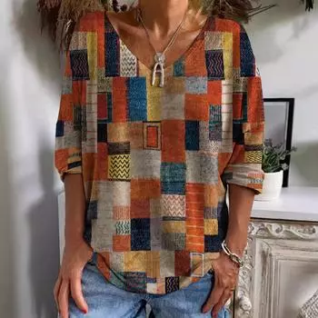 Осенняя новая мода с длинными рукавами женская футболка с V-образным вырезом повседневная свободная полоса принтованная уличная женская футболка-пуловер S