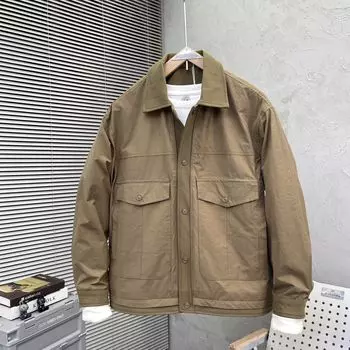 Осенняя новая модная брендовая простая мужская куртка с лацканами, корейская однотонная универсальная красивая куртка с шитьем M хаки