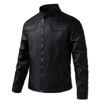 Осенняя новая модная красивая повседневная куртка мужская универсальная с воротником-стойкой американская кожаная куртка M чёрный