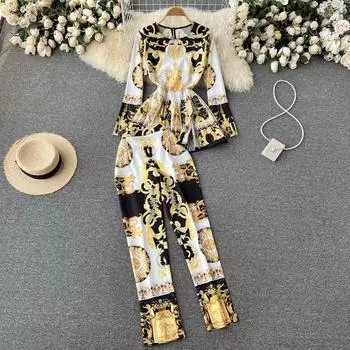 Осенняя новая модная рубашка с принтом в европейском и американском стиле, женские тонкие брюки-карандаш, комплект из двух предметов