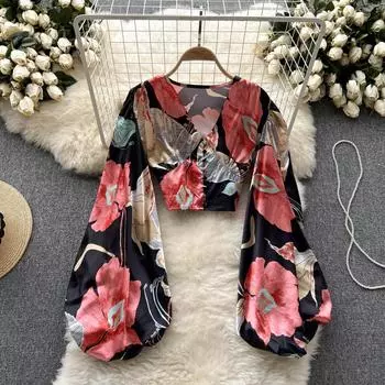 Осенняя новая модная темпераментная свободная короткая рубашка с баской и v-образным вырезом, шикарная женская рубашка с баской One Size