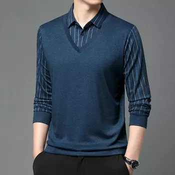 Осенняя новая мужская футболка из двух частей с длинными рукавами, повседневная одежда для папы среднего и пожилого возраста, полосатая нижняя рубашка с сращиванием M