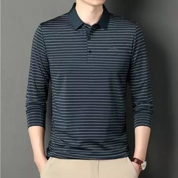 Осенняя новая мужская футболка с длинным рукавом, мужская свободная рубашка в полоску с лацканами среднего возраста, бесшовная рубашка для папы, мужская одежда M