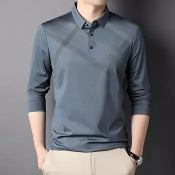 Осенняя новая мужская футболка с длинными рукавами, тонкая в корейском стиле, для молодежи и мужчин среднего возраста, полосатая рубашка с длинными рукавами и лацканами для мужчин M