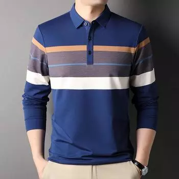 Осенняя новая мужская футболка с длинными рукавами, модная полосатая деловая повседневная рубашка с лацканами, удобная свободная эластичная футболка для мужчин M