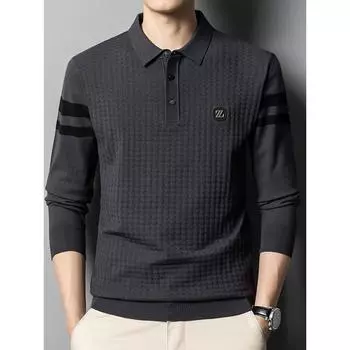 Осенняя новая мужская футболка с длинными рукавами, трикотажная нижняя рубашка для молодежи и среднего возраста, свитер в корейском стиле с клетчатыми лацканами M