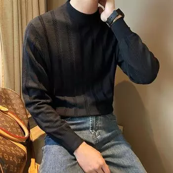 Осенняя новая мужская клетчатая жаккардовая футболка с длинными рукавами, модная тонкая полуводолазка, эластичный универсальный свитер M чёрный