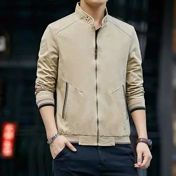 Осенняя новая мужская куртка из чистого хлопка, стираная куртка, мужская молодежная повседневная тренчкотка с воротником-стойкой M хаки
