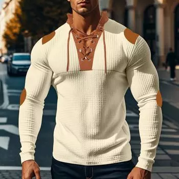 Осенняя новая мужская лоскутная цветная бретелька с V-образным вырезом, повседневная футболка с длинным рукавом, мужская спортивная футболка S абрикосовый