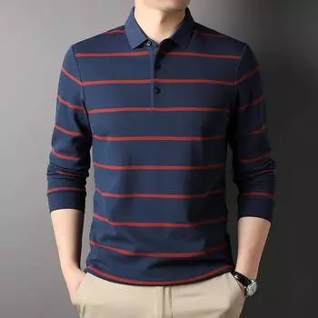 Осенняя новая мужская модная повседневная рубашка поло с длинными рукавами и лацканами, мужская полосатая хлопковая футболка, окрашенная в пряжу M