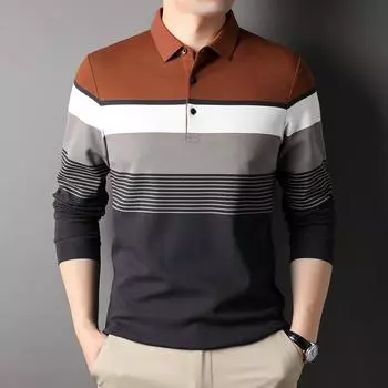 Осенняя новая мужская модная простая рубашка поло с отворотами и цветными блоками, мужская полосатая хлопковая футболка с длинными рукавами M