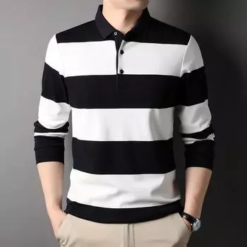 Осенняя новая мужская модная рубашка поло среднего возраста с лацканами, мужская полосатая хлопковая футболка с длинными рукавами M
