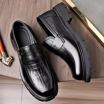 Осенняя новая мужская обувь деловая повседневная кожаная обувь на платформе модная обувь с большим носком кожаные туфли дышащие на шнуровке британские туфли с круглым носком 38 чёрный