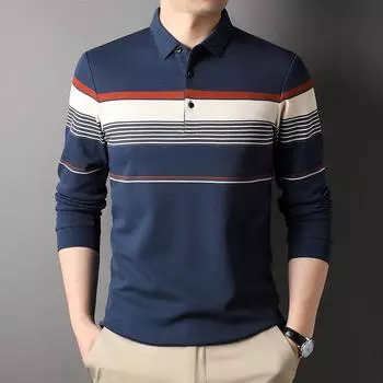 Осенняя новая мужская одежда среднего возраста с лацканами, повседневная многоцветная рубашка поло, мужская полосатая футболка с длинным рукавом из хлопка M
