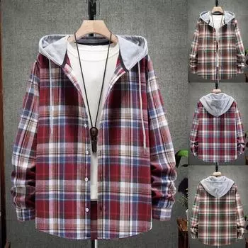 Осенняя новая мужская повседневная модная клетчатая рубашка с длинным рукавом для пар с капюшоном, тенденция L зелёный