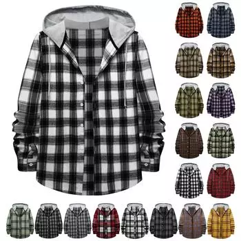 Осенняя новая мужская повседневная модная клетчатая рубашка с длинным рукавом для пар с капюшоном, тенденция L чёрный