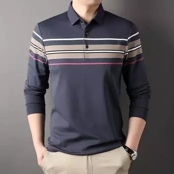 Осенняя новая мужская рубашка поло, для молодежи и среднего возраста, модная повседневная полосатая футболка с длинными рукавами, свободная рубашка для мужчин M