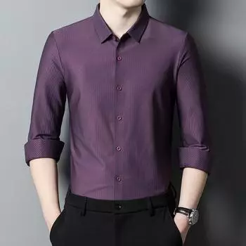 Осенняя новая мужская рубашка с длинными рукавами среднего возраста, деловая повседневная одежда для папы, эластичная бесшовная клетчатая рубашка M синий