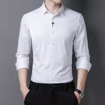 Осенняя новая мужская рубашка, тонкая, однотонная, средней длины, с рукавами, отворотами, свободная, повседневная, модная, корейская версия M белый