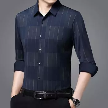 Осенняя новая мужская рубашка Traceless, деловая, повседневная, для пап среднего возраста, с длинным рукавом, в полоску, мужская рубашка M