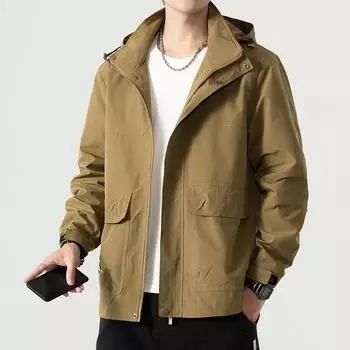 Осенняя новая мужская уличная водонепроницаемая повседневная куртка с несколькими карманами, ветровка с капюшоном на молнии, пальто больших размеров 2XL чёрный
