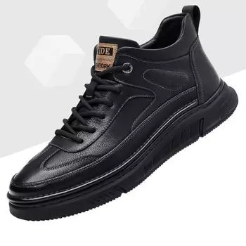 Осенняя новая обувь для мужчин Кожаная повседневная обувь Высокие плоские туфли для скейтбординга Уличная мода Кроссовки на шнуровке 38 чёрный