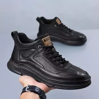 Осенняя новая обувь для мужчин Кожаная повседневная обувь Высокие плоские туфли для скейтбординга Уличная мода Кроссовки на шнуровке 38 чёрный