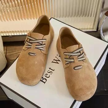 Осенняя новая обувь для женщин из натуральной кожи, повседневная обувь для девочек, ретро-дизайнерская обувь на плоской подошве, туфли-лоферы из коровьей кожи с большим носком 35 хаки