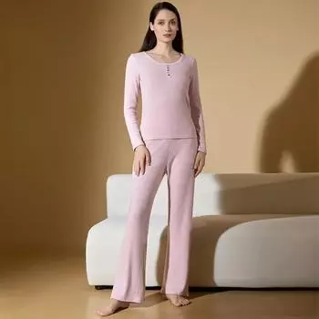 Осенняя новая однотонная женская домашняя одежда, повседневный трикотажный костюм из двух частей в европейском и американском стиле M розовый