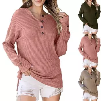 Осенняя новая однотонная женская толстовка с v-образным вырезом и длинными рукавами и верхней пуговицей L