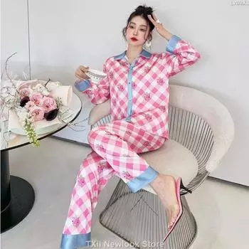 Осенняя новая пижама из ледяного шелка для женщин с принтом в виде ромбов и шахматной доски, брюки с длинными рукавами, домашняя одежда, костюм, верхняя одежда M