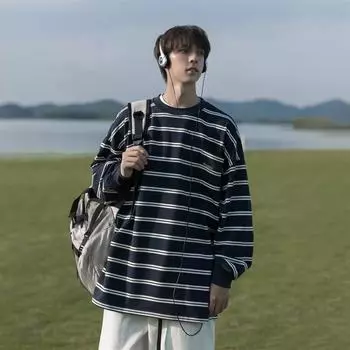 Осенняя новая полосатая футболка с длинными рукавами, мужская, в стиле колледжа, ретро, повседневная, с круглым вырезом, облегающий свитер M белый