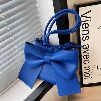 Осенняя новая роскошная большая синяя сумка через плечо с бантом для женщин, модная сумка на одно плечо с бантом, универсальные сумки через плечо из искусственной кожи (20cm<Max Length<30cm)