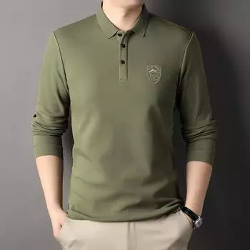 Осенняя новая рубашка поло с длинными рукавами, футболка, деловая, повседневная, для мужчин среднего возраста, модная, с вышитыми лацканами M