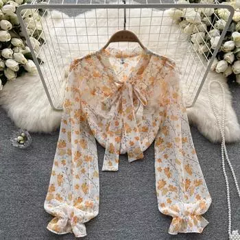 Осенняя новая рубашка с бантом, темперамент, связанная с мятым шифоном, милые топы с французским темпераментом