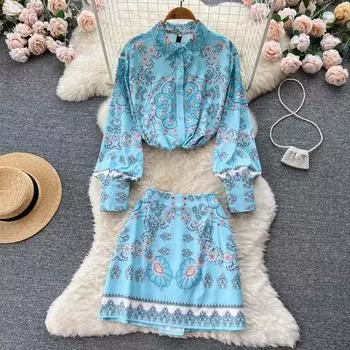 Осенняя новая рубашка с длинными рукавами и принтом в этническом стиле, топ, юбка с высокой талией, женский костюм из двух предметов