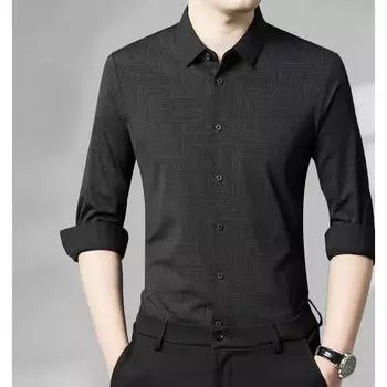 Осенняя новая рубашка с длинными рукавами, мужская клетчатая рубашка для пап среднего возраста, деловая дышащая рубашка для мужчин M чёрный