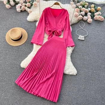 Осенняя новая рубашка в стиле колокольчика с длинными рукавами, топ с высокой талией, плиссированная юбка средней длины, комплект из двух предметов