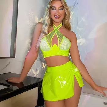 Осенняя новая рыболовная сеть сексуальный топ с разрезом юбка PU униформа кролик девушка секс костюм женщины S