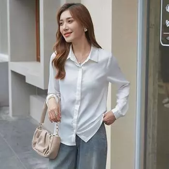 Осенняя новая шелковистая однотонная рубашка женская классная белая базовая рубашка с длинными рукавами S белый
