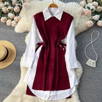 Осенняя новая шикарная модная рубашка средней длины с длинными рукавами, вязаный жилет, рубашка, женский комплект из двух предметов